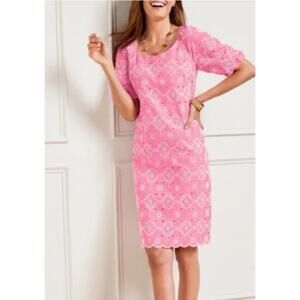 TALBOTS Shift Dress Women's Size 4 Pink Floral Eyelet Embroidered Puff Sleeve